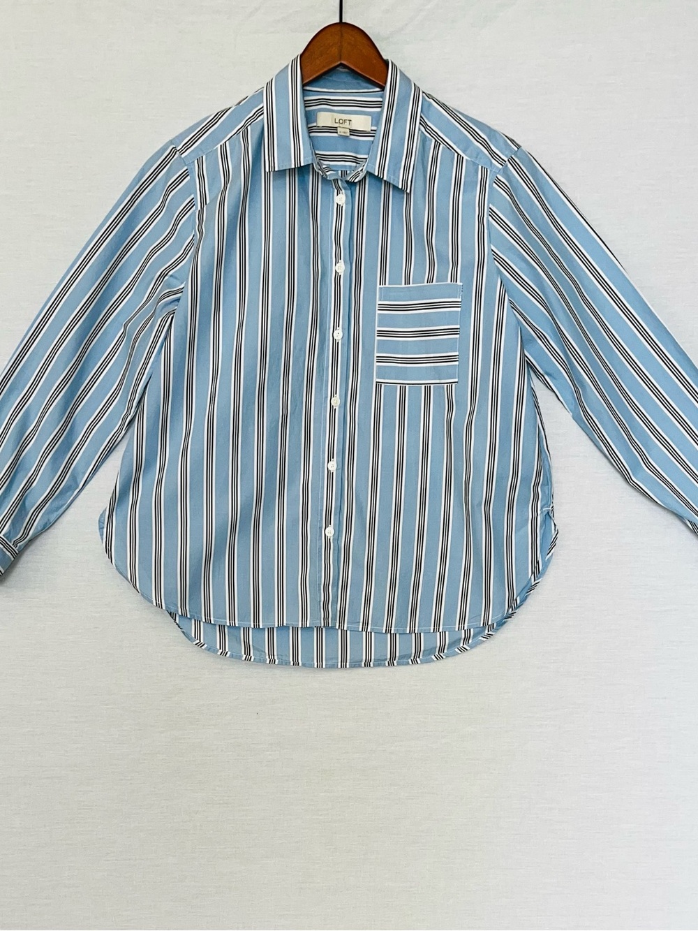 LOFT Light Blue, White and Brown Striped Button-Up Kids Blouse